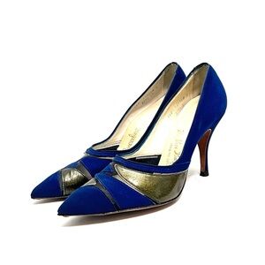 Vintage 1950s royal blue suede gold glitter vinyl illusion pointed toe heels